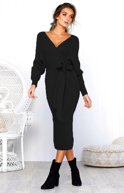 Robe sexy à manches longues et col en V pour femme 