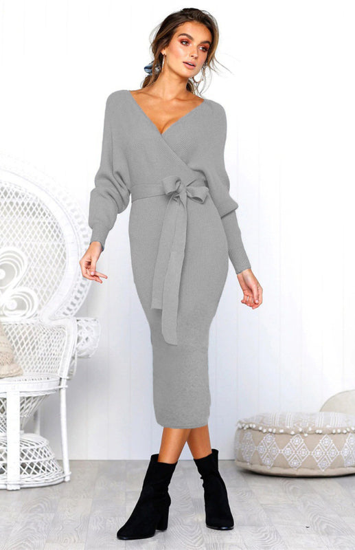 Robe sexy à manches longues et col en V pour femme 