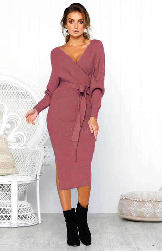 Robe sexy à manches longues et col en V pour femme 