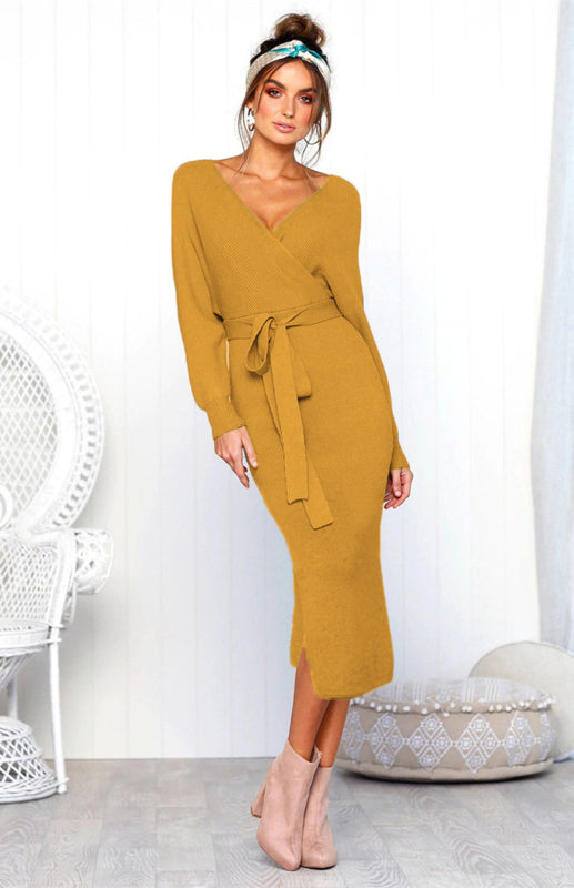 Robe sexy à manches longues et col en V pour femme 