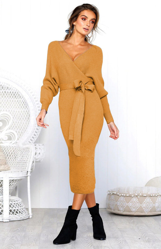 Robe sexy à manches longues et col en V pour femme 