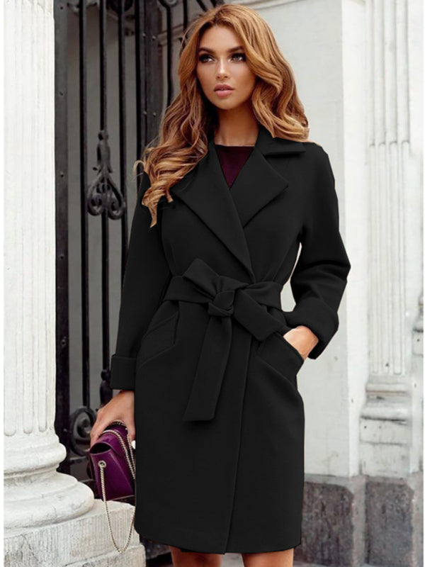 Manteau en tweed à revers et ceinture cintrée pour femme 