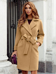 Manteau en tweed à revers et ceinture cintrée pour femme 