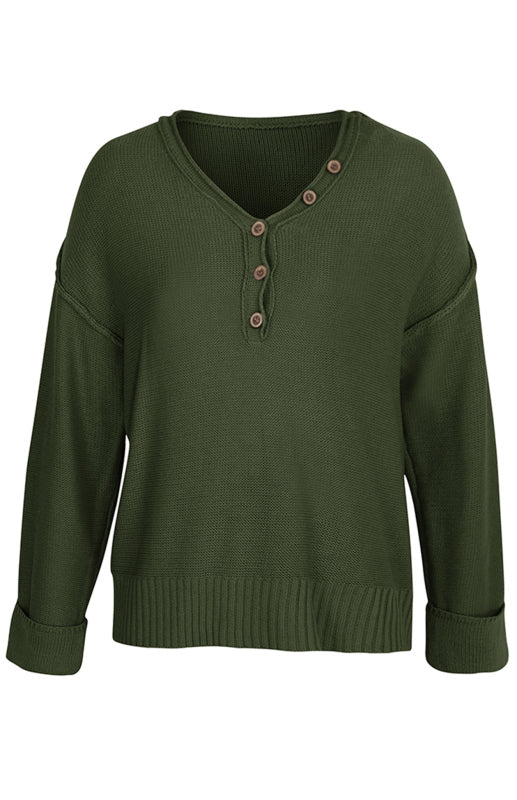 Women's Solid Color V Neck Single Breasted Sweater - Closther