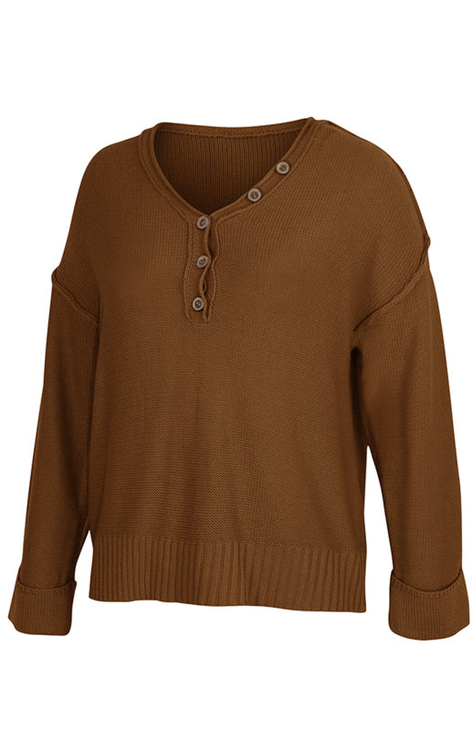 Women's Solid Color V Neck Single Breasted Sweater - Closther