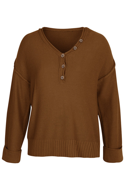 Women's Solid Color V Neck Single Breasted Sweater - Closther