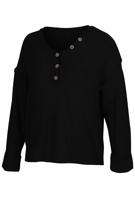 Women's Solid Color V Neck Single Breasted Sweater - Closther