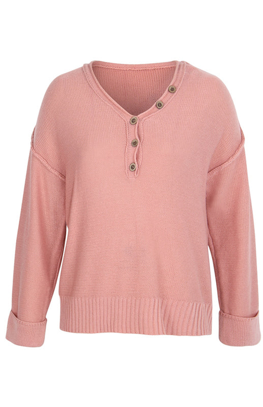 Women's Solid Color V Neck Single Breasted Sweater - Closther