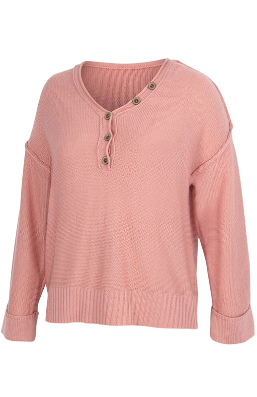 Women's Solid Color V Neck Single Breasted Sweater - Closther