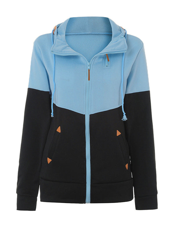 Sweat-shirt à capuche à manches longues en velours doublé, à double fermeture éclair et blocs de couleur 