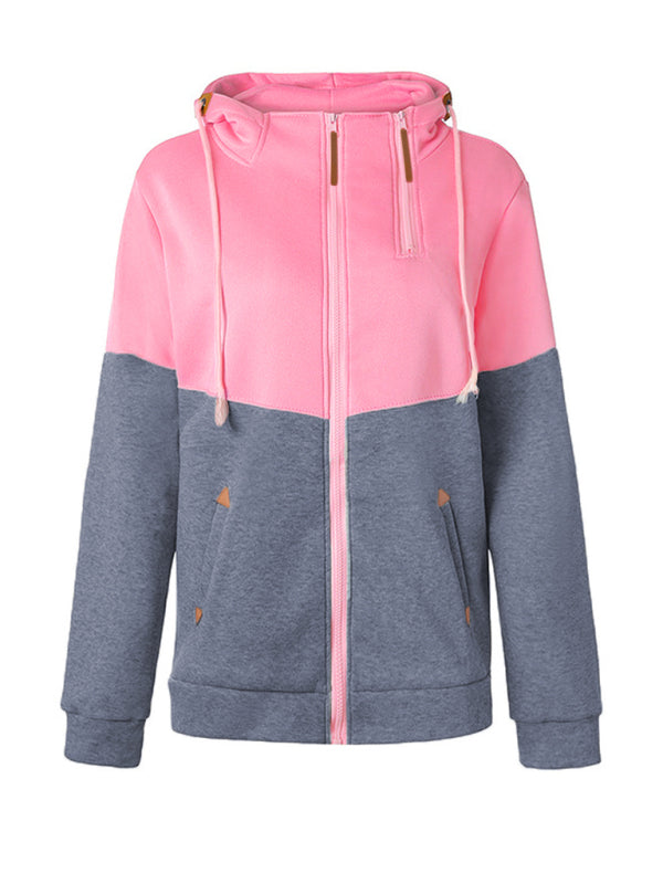 Sweat-shirt à capuche à manches longues en velours doublé, à double fermeture éclair et blocs de couleur 