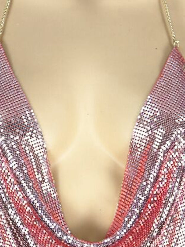 Haut dos nu sexy à paillettes métalliques pour femme 
