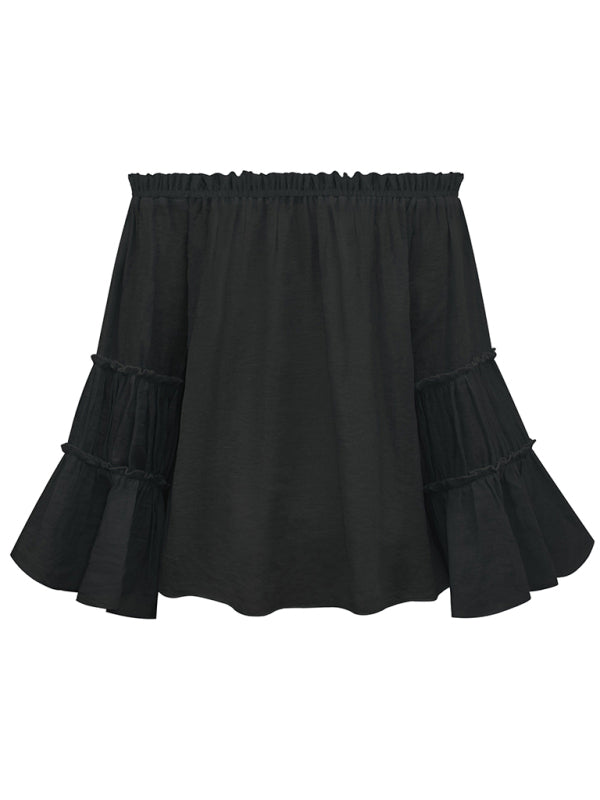 Haut sexy en coton flammé pour femme, manches évasées et col simple. 