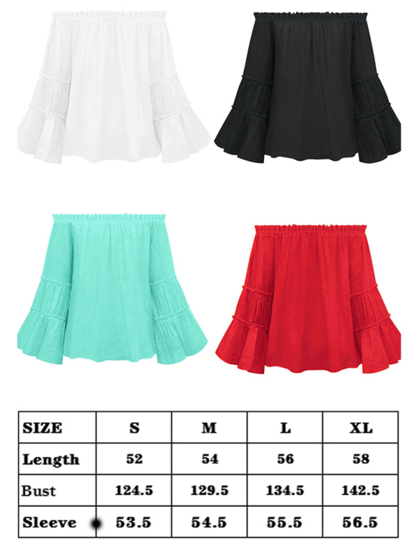 Haut sexy en coton flammé pour femme, manches évasées et col simple. 