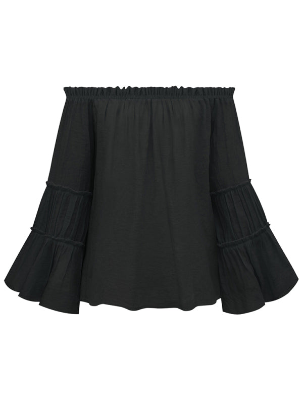 Haut sexy en coton flammé pour femme, manches évasées et col simple. 
