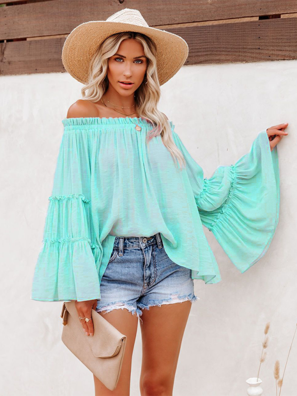 Haut sexy en coton flammé pour femme, manches évasées et col simple. 