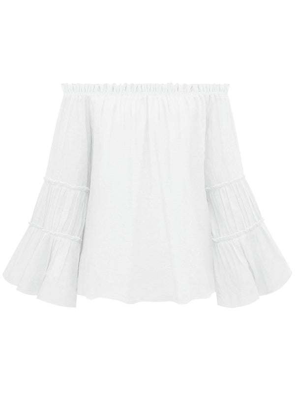 Haut sexy en coton flammé pour femme, manches évasées et col simple. 