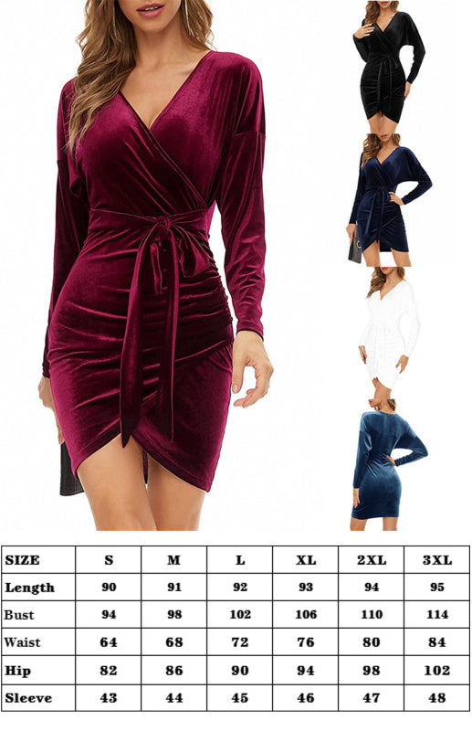 Sexy Samtkleid mit V-Ausschnitt, schmaler Passform, Schlitz und langen Ärmeln – perfekt für Cocktailpartys 