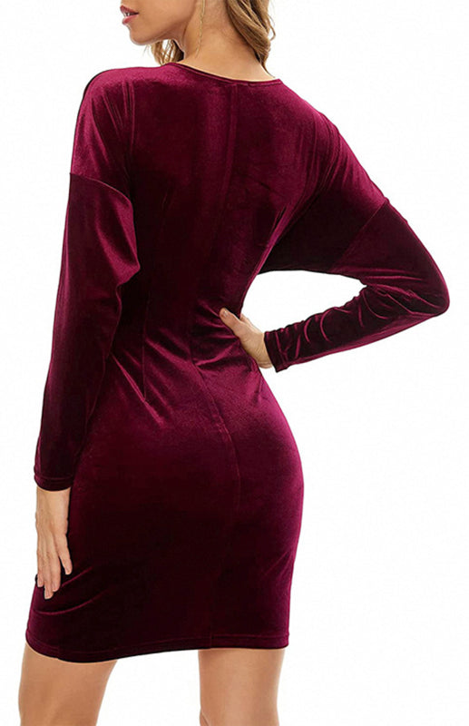 Sexy Samtkleid mit V-Ausschnitt, schmaler Passform, Schlitz und langen Ärmeln – perfekt für Cocktailpartys 