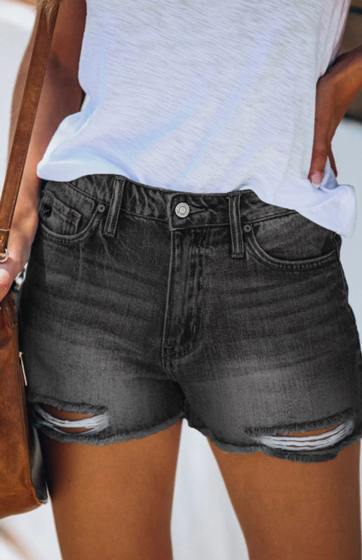 Women's Casual Washed And Torn Denim Shorts - Closther