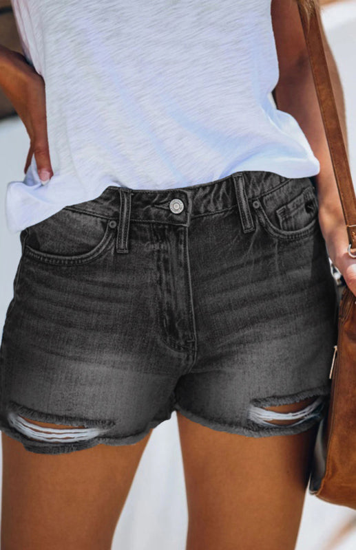 Women's Casual Washed And Torn Denim Shorts - Closther