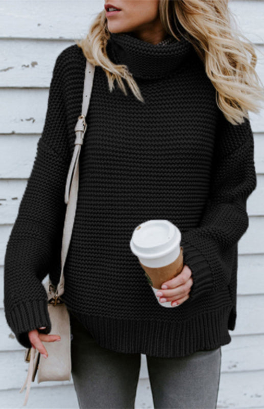 Damen-Strickpullover mit dickem Garn, langen Ärmeln und hohem Kragen 
