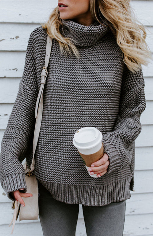Damen-Strickpullover mit dickem Garn, langen Ärmeln und hohem Kragen 