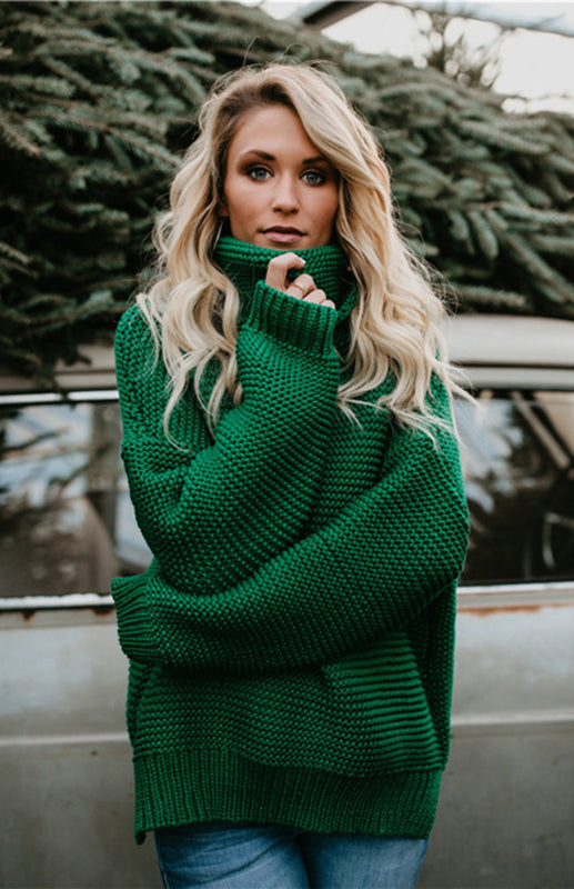 Damen-Strickpullover mit dickem Garn, langen Ärmeln und hohem Kragen 