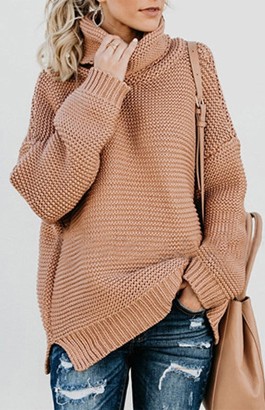 Damen-Strickpullover mit dickem Garn, langen Ärmeln und hohem Kragen 
