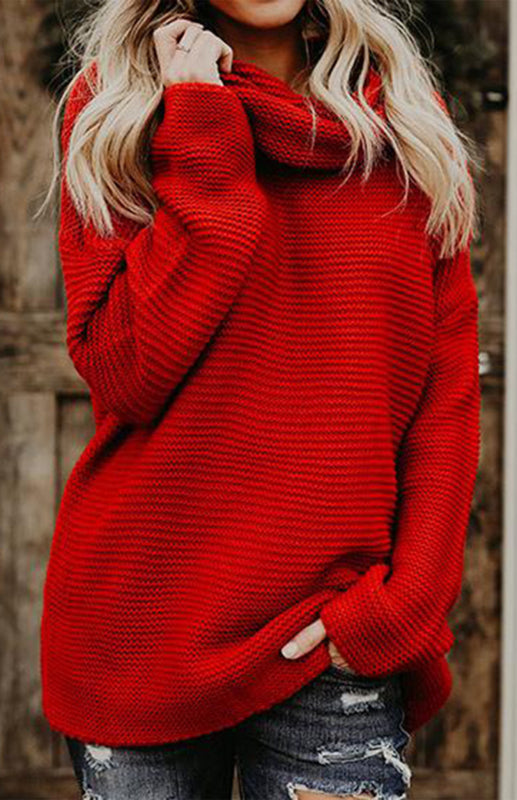 Damen-Strickpullover mit dickem Garn, langen Ärmeln und hohem Kragen 