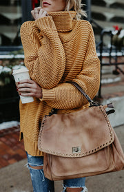 Damen-Strickpullover mit dickem Garn, langen Ärmeln und hohem Kragen 