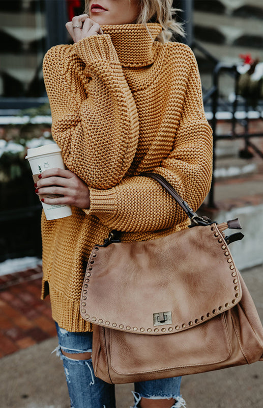 Damen-Strickpullover mit dickem Garn, langen Ärmeln und hohem Kragen 
