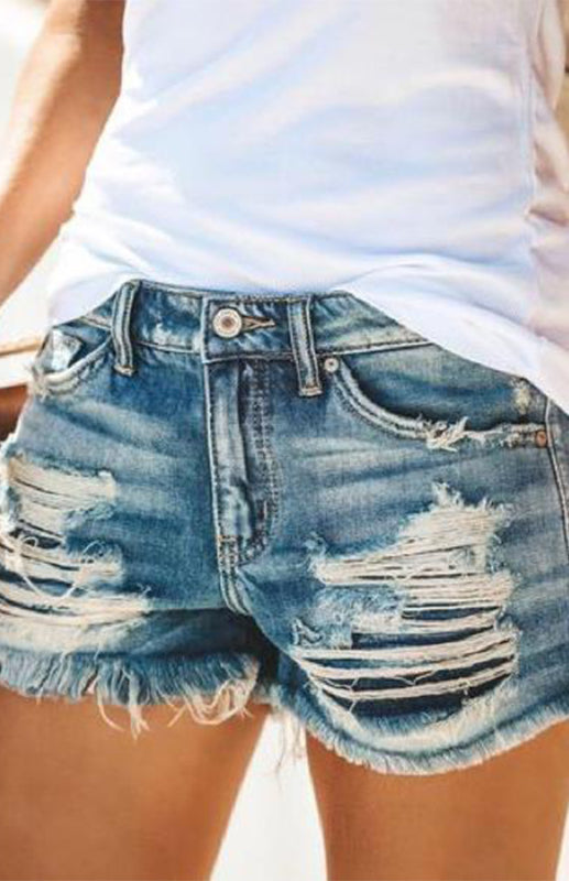 Women's High-Waisted, Fringed, Cut-Out Denim Shorts - Closther