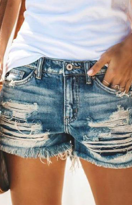 Women's High-Waisted, Fringed, Cut-Out Denim Shorts - Closther