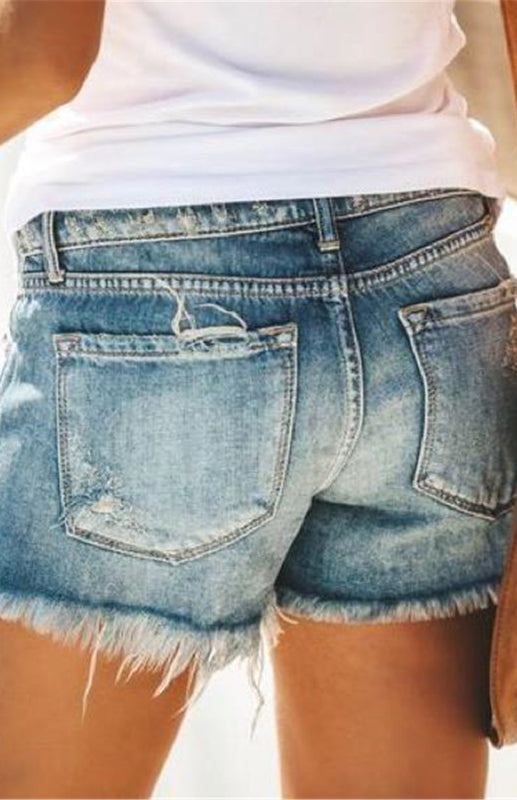 Women's High-Waisted, Fringed, Cut-Out Denim Shorts - Closther