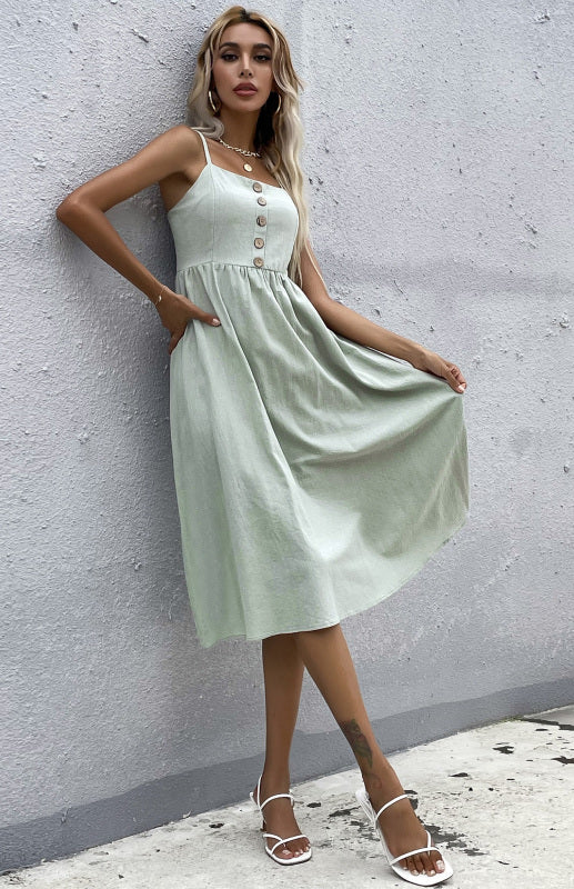 Women's Clothing Slim Fit Solid Color Cotton Linen Dress - Closther