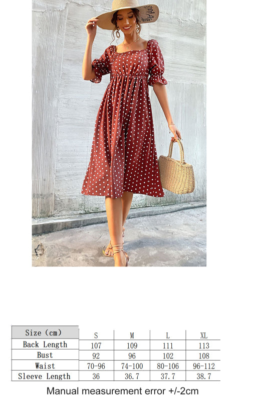 Square Neck Vintage Ruffle High Waist Polka Dot Dress - Closther