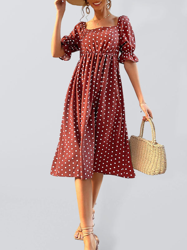 Square Neck Vintage Ruffle High Waist Polka Dot Dress - Closther