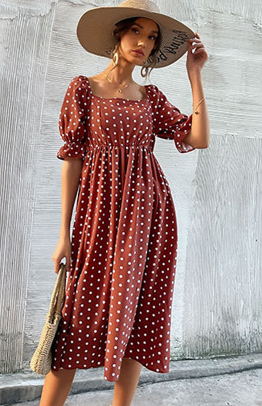 Square Neck Vintage Ruffle High Waist Polka Dot Dress - Closther