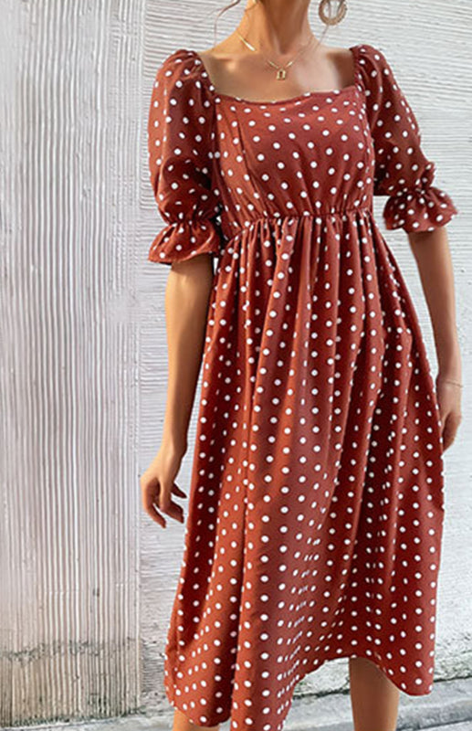 Square Neck Vintage Ruffle High Waist Polka Dot Dress - Closther