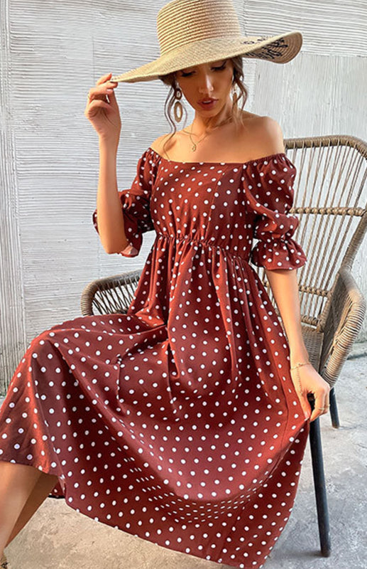 Square Neck Vintage Ruffle High Waist Polka Dot Dress - Closther