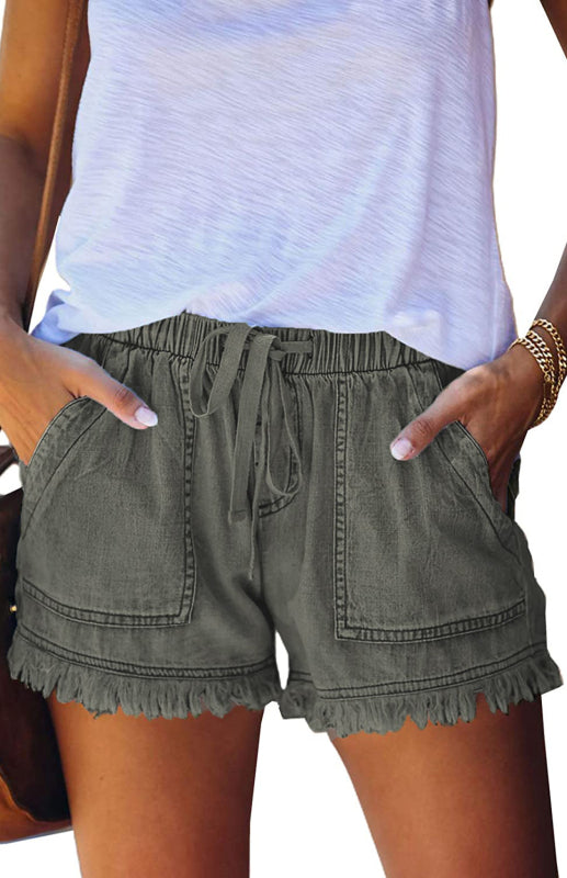 Women's Elastic Waist Drawstring Casual High Waist Slim Denim Shorts - Closther