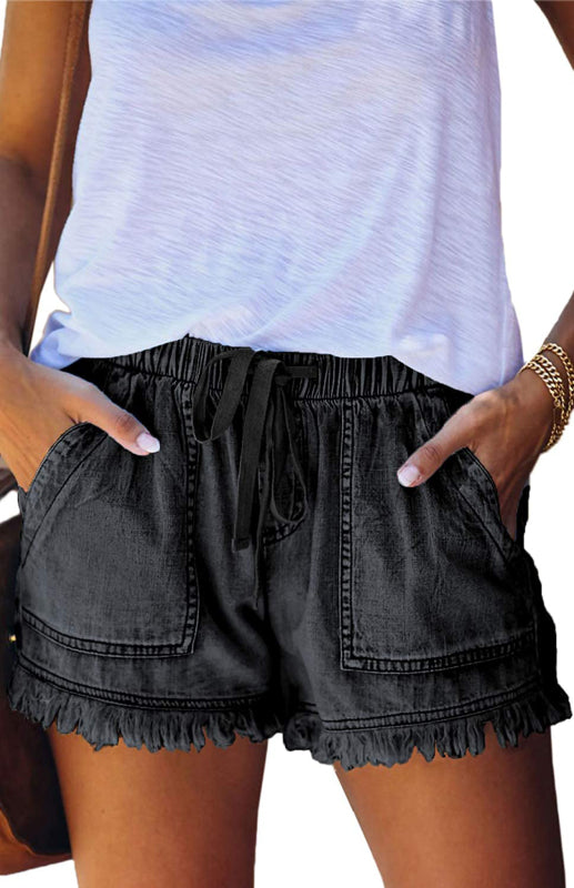 Women's Elastic Waist Drawstring Casual High Waist Slim Denim Shorts - Closther