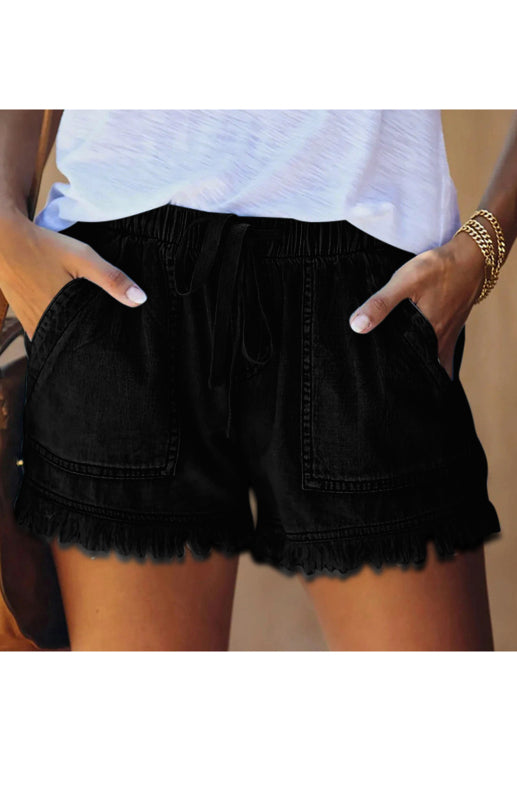 Women's Elastic Waist Drawstring Casual High Waist Slim Denim Shorts - Closther