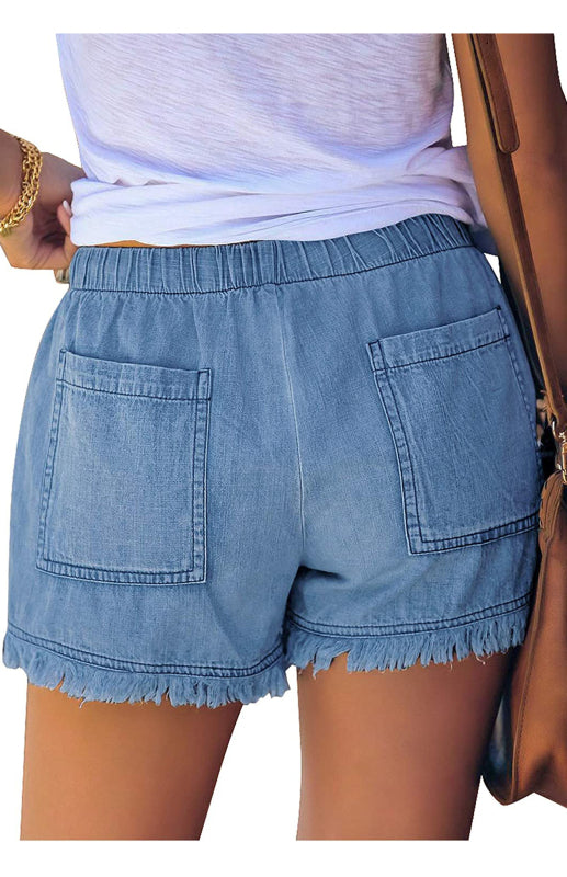 Women's Elastic Waist Drawstring Casual High Waist Slim Denim Shorts - Closther