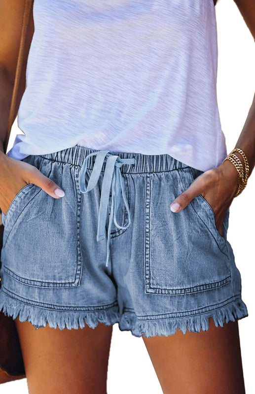 Women's Elastic Waist Drawstring Casual High Waist Slim Denim Shorts - Closther