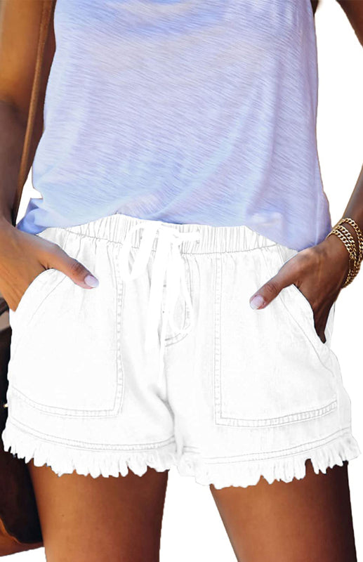 Women's Elastic Waist Drawstring Casual High Waist Slim Denim Shorts - Closther