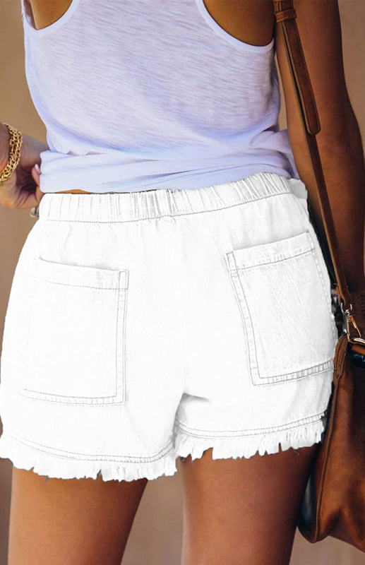 Women's Elastic Waist Drawstring Casual High Waist Slim Denim Shorts - Closther