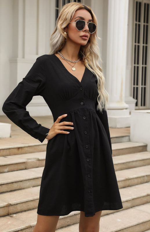 Robe-chemise cintrée pour femme, noire, col en V, en coton et lin 