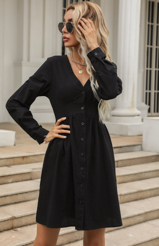 Robe-chemise cintrée pour femme, noire, col en V, en coton et lin 